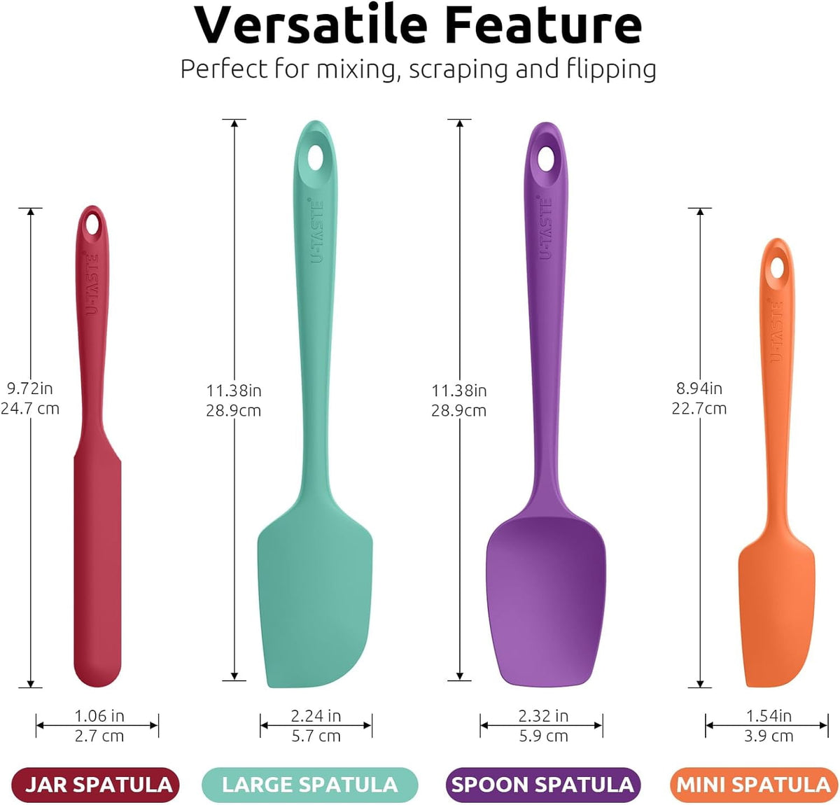 U-Taste Silicone Spatula Set of 4, 600°F High Heat Resistant Kitchen Cooking Utensils Baking Supplies, Food Grade Seamless Rubber Scraper, Colorful
