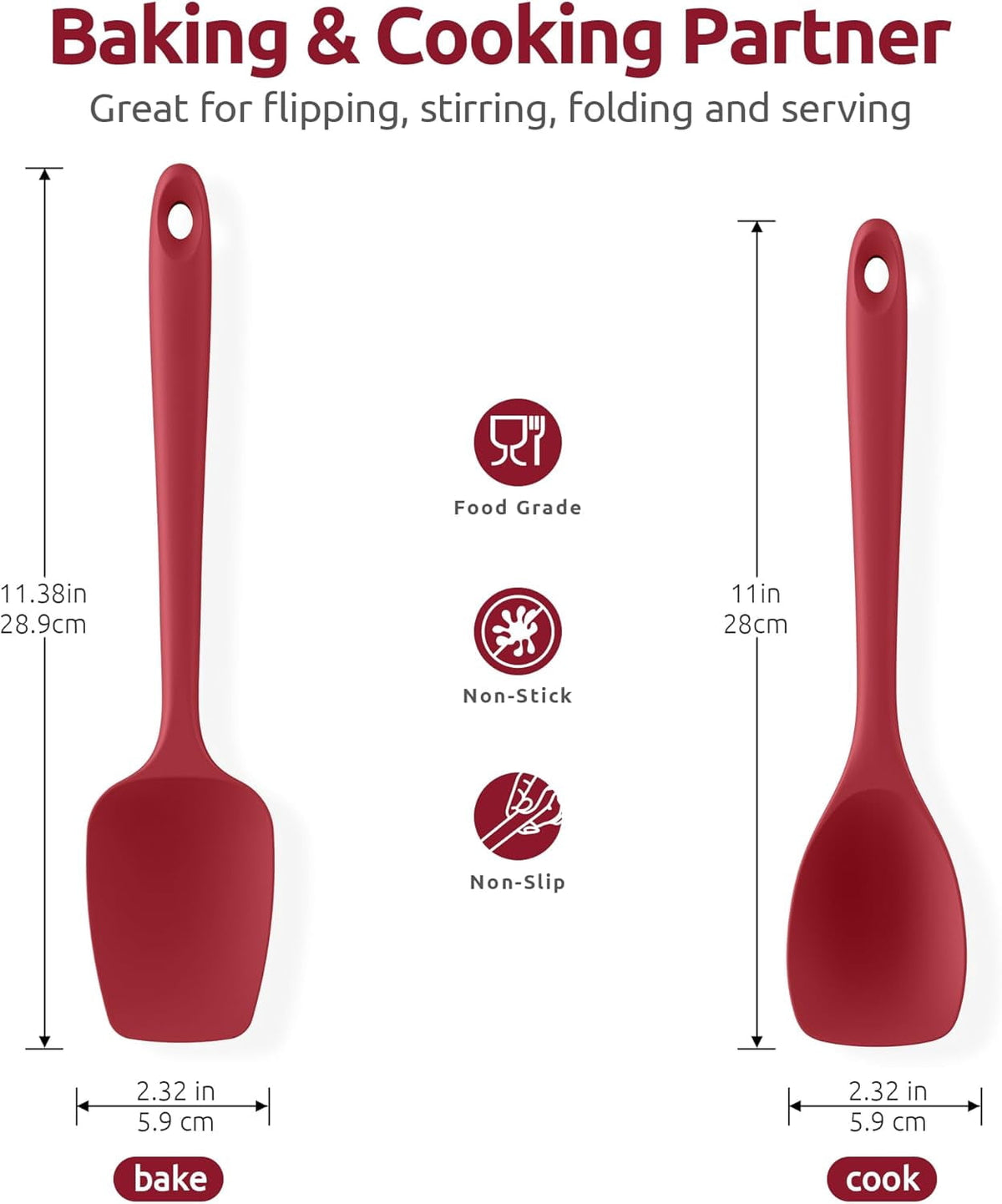 U-Taste 600ºF Heat Resistant Silicone Cooking Spoons Set, Baking Spoon Spatula & Cooking Scoop Spoonula, Kitchen Utensils for Serving Scooping, Red