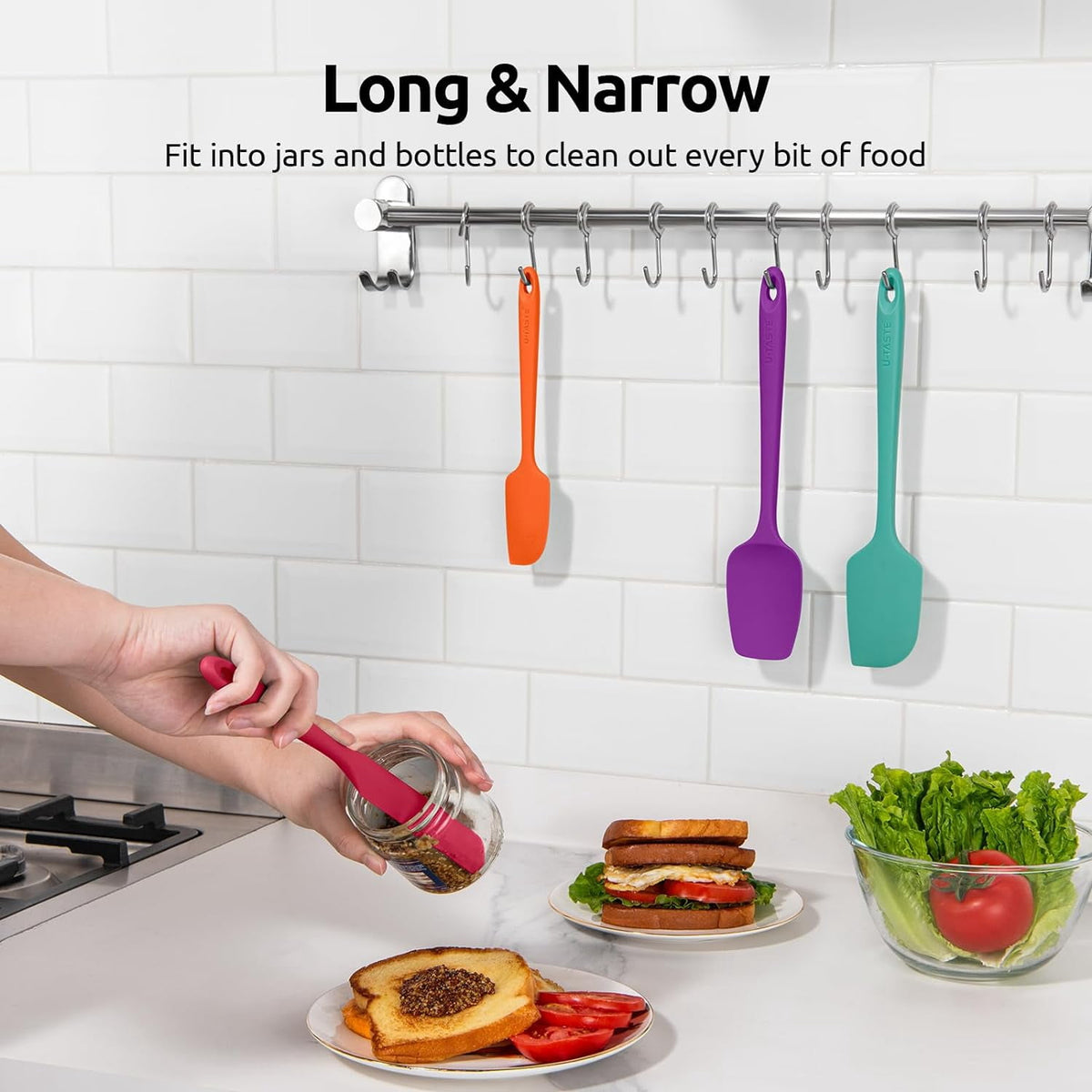 U-Taste Silicone Spatula Set of 4, 600°F High Heat Resistant Kitchen Cooking Utensils Baking Supplies, Food Grade Seamless Rubber Scraper, Colorful