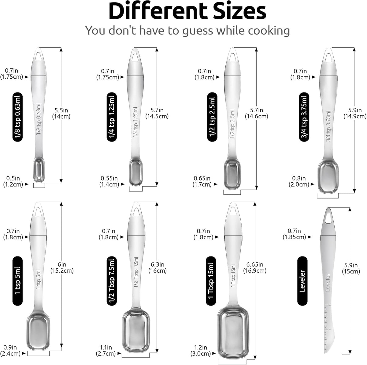 U-Taste Narrow Square Measuring Spoons Set of 8, 18/8 Stainless Steel Measure Teaspoon Tablespoon with Leveler, Rectangular Jar Scoop for Spice Jars