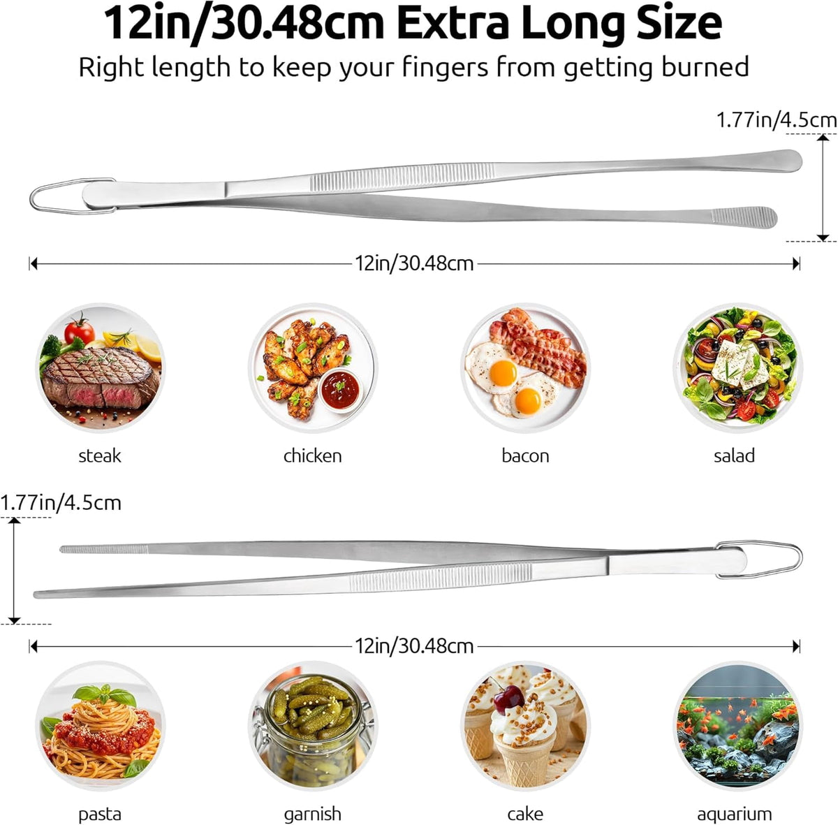 U-Taste Kitchen Cooking Tweezers, 18/8 Stainless Steel Food Grade Metal Food Tong Set, Non Slip Tips for Plating Serving Grill, 12in/Round+Pointed Tip