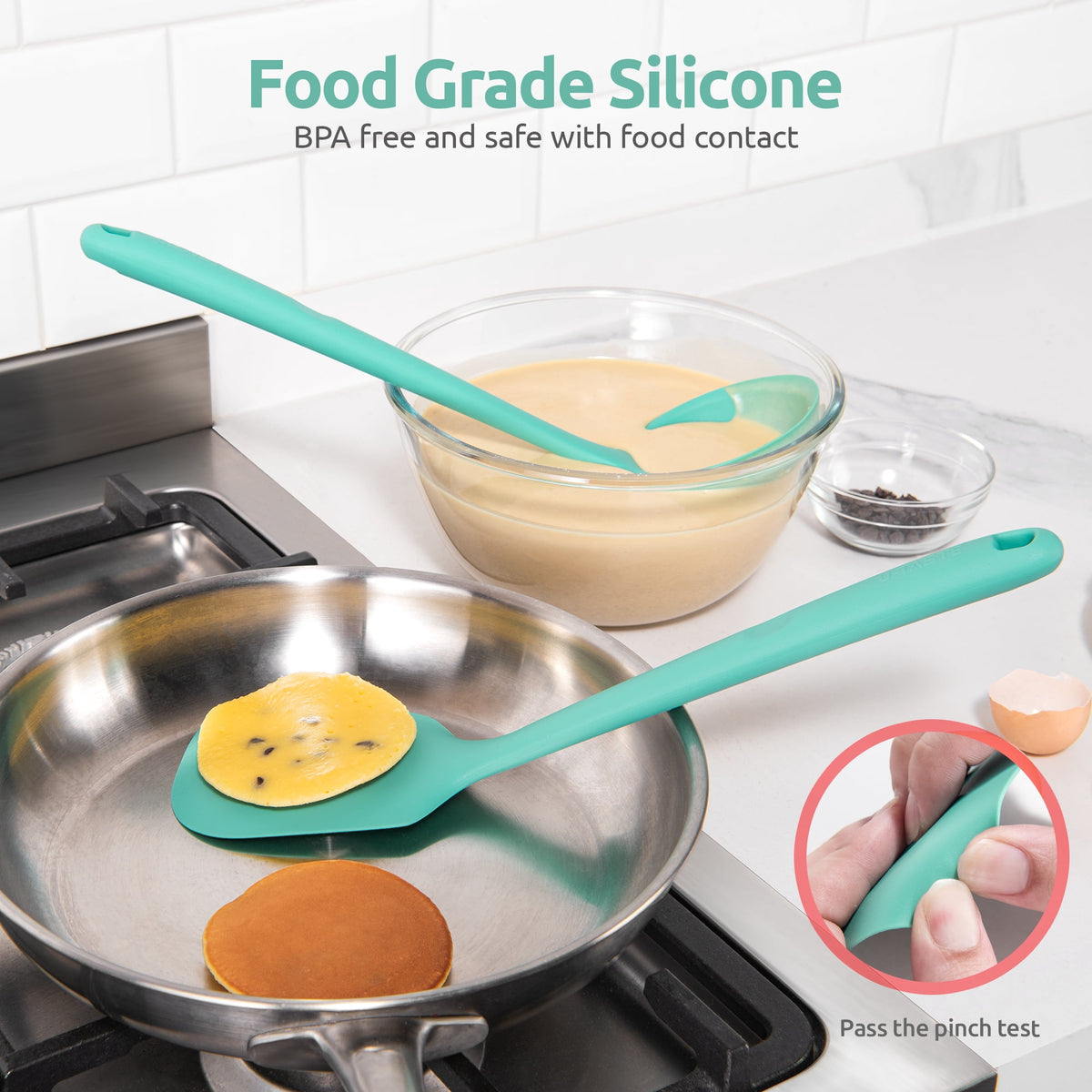 U-Taste Silicone Kitchen Cooking Utensil Set of 5, 446°F Heat Resistant Food Grade Kitchen Tools, 13.6" Long Spatula Turner Spoon Ladle , Aqua Sky