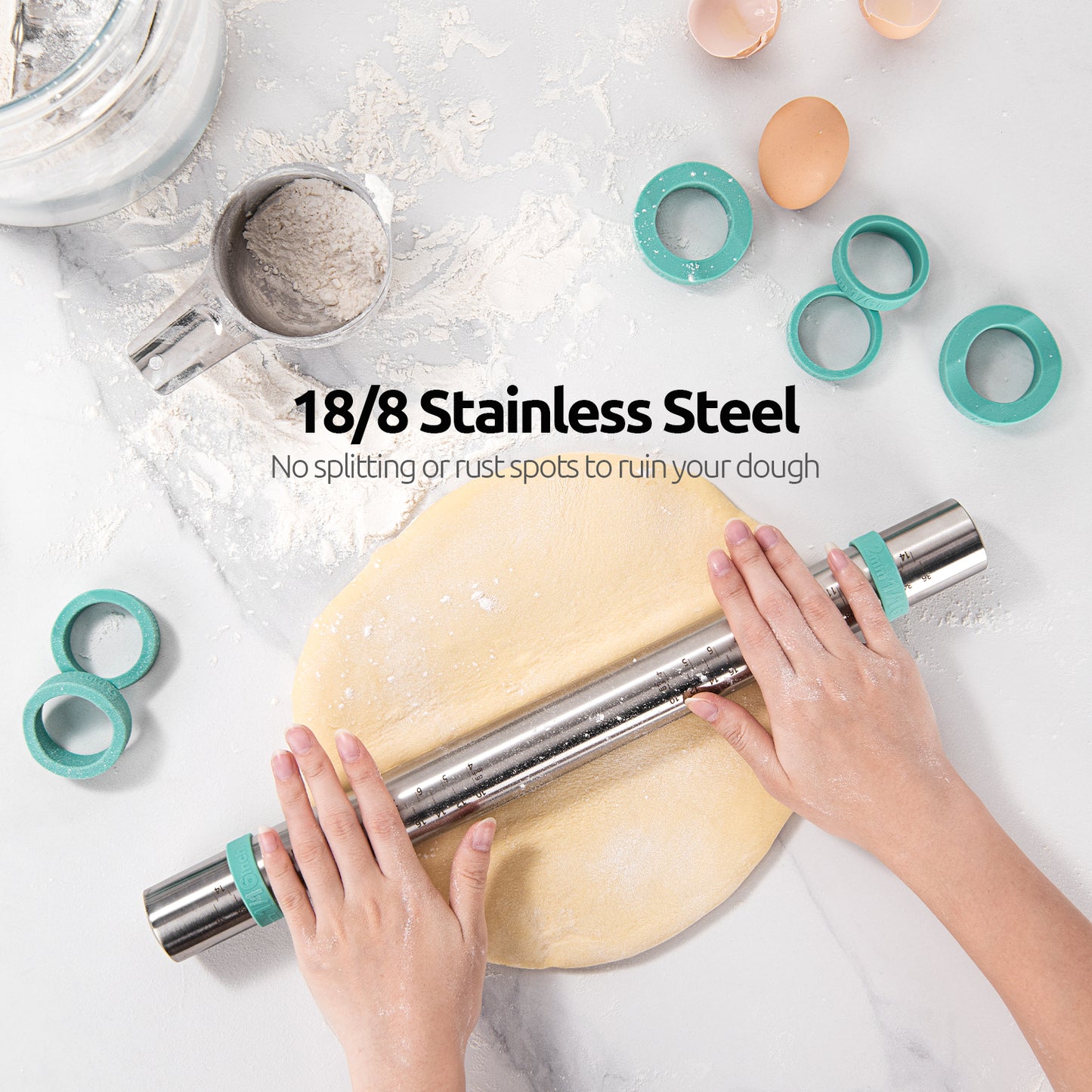 16 inch Adjustable Rolling Pin in 18/8 Stainless Steel with Silicone Removable Thickness Rings