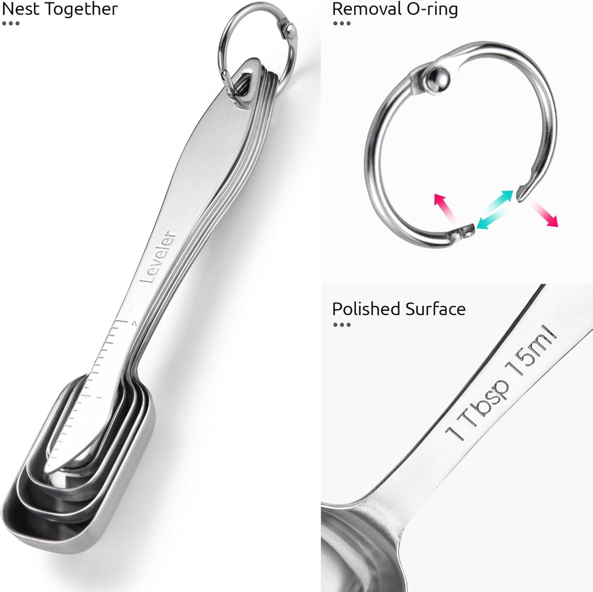 U-Taste Narrow Square Measuring Spoons Set of 7, 18/8 Stainless Steel Measure Teaspoon Tablespoon with Leveler, Rectangular Jar Scoop for Spice Jars