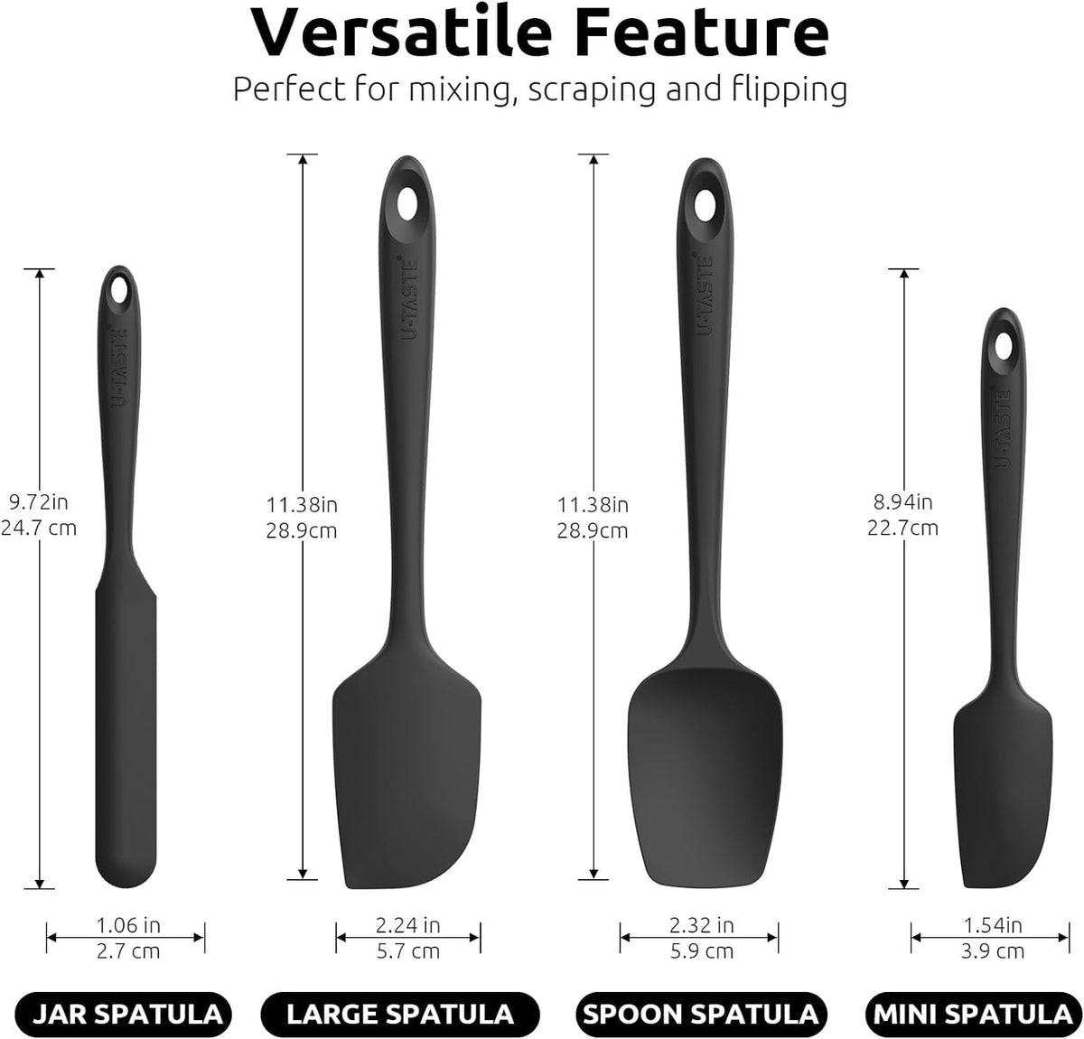 U-Taste 480°F High Heat Resistant Silicone Spatula Set of 4, BPA-Free Food Grade Kitchen Cooking Baking Mixing One Piece Seamless Flexible Rubber Scraper for Nonstick Cookware (Black)