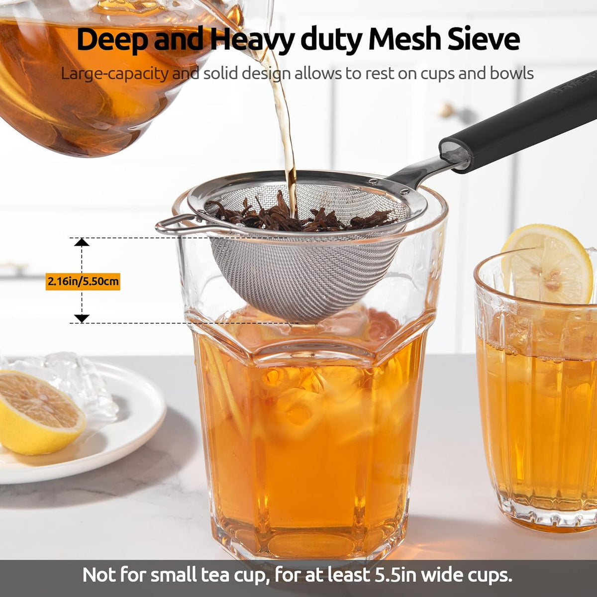 U-Taste Fine Mesh Strainer, 18/8 Stainless Steel Tea Coffee Strainer, Mini Small Fine Sieve, Metal Colander for Loose Tea/Juice/Pulp/Matcha, Black