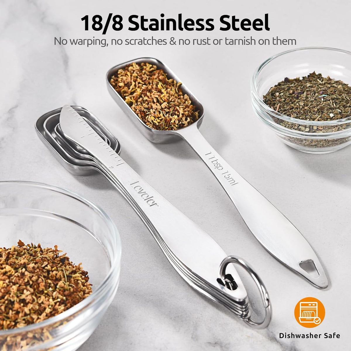 U-Taste Narrow Square Measuring Spoons Set of 7, 18/8 Stainless Steel Measure Teaspoon Tablespoon with Leveler, Rectangular Jar Scoop for Spice Jars