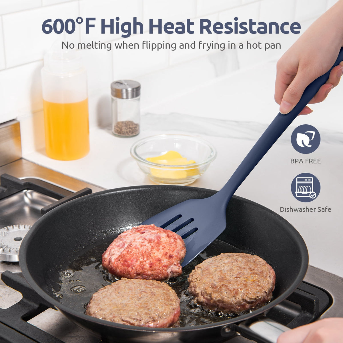 600°F Heat Resistant Slotted Turner: U-Taste 13.6in Silicone Kitchen Spatula Flipper, 3.85in Wide BPA Free Flexible Thin Rubber Cooking Utensil for Egg, Pancake in Nonstick Cookware (Midnight Blue)