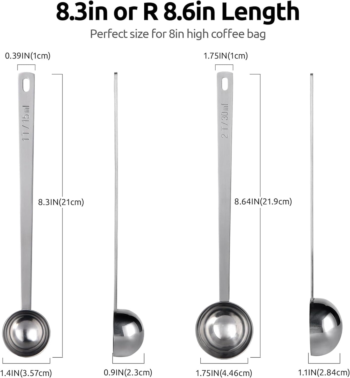 U-Taste Coffee Scoop 1 & 2 Tbsp: 18/8 Stainless Steel Measuring Scooper for Ground Coffee Bean Espresso, 6.9in Extra Long Handle Metal Meaure Spoon