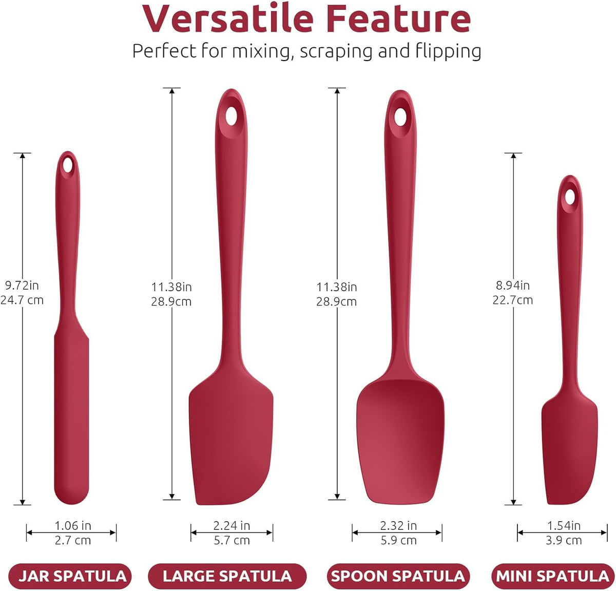 U-Taste Silicone Spatula Set of 4, 600°F High Heat Resistant Kitchen Cooking Utensils Baking Supplies, Food Grade Seamless Rubber Scraper, Red
