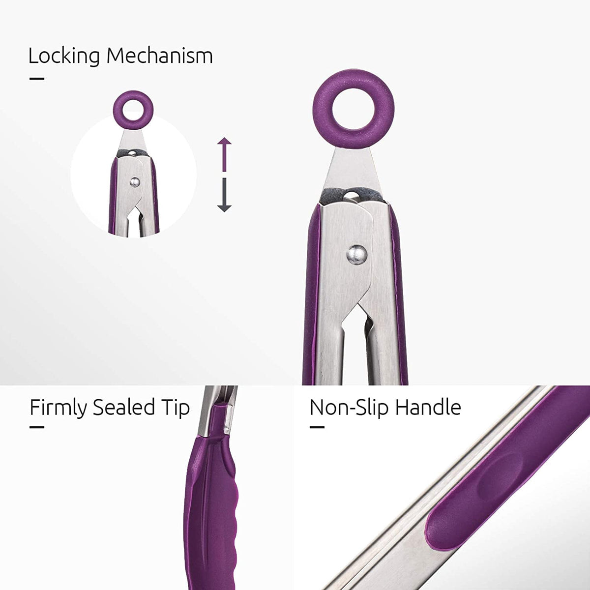 U-Taste 600ºF Heat-Resistant Kitchen Tongs for Cooking, Silicone Tong Utensils Set for Food Serving, Rubber Salad/Grill/BBQ Tongs, 7/9/12in, Purple