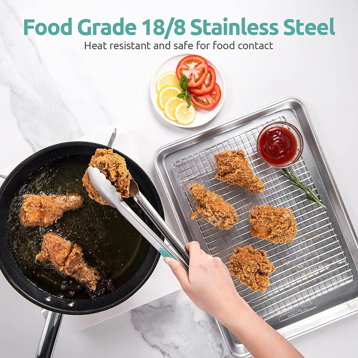 U-Taste 18/8 Stainless Steel Kitchen Tong for Cooking, Long Large Metal Tong for Serving Food Grilling BBQ, Non Slip Silicone Handle, 12in, Aqua Sky