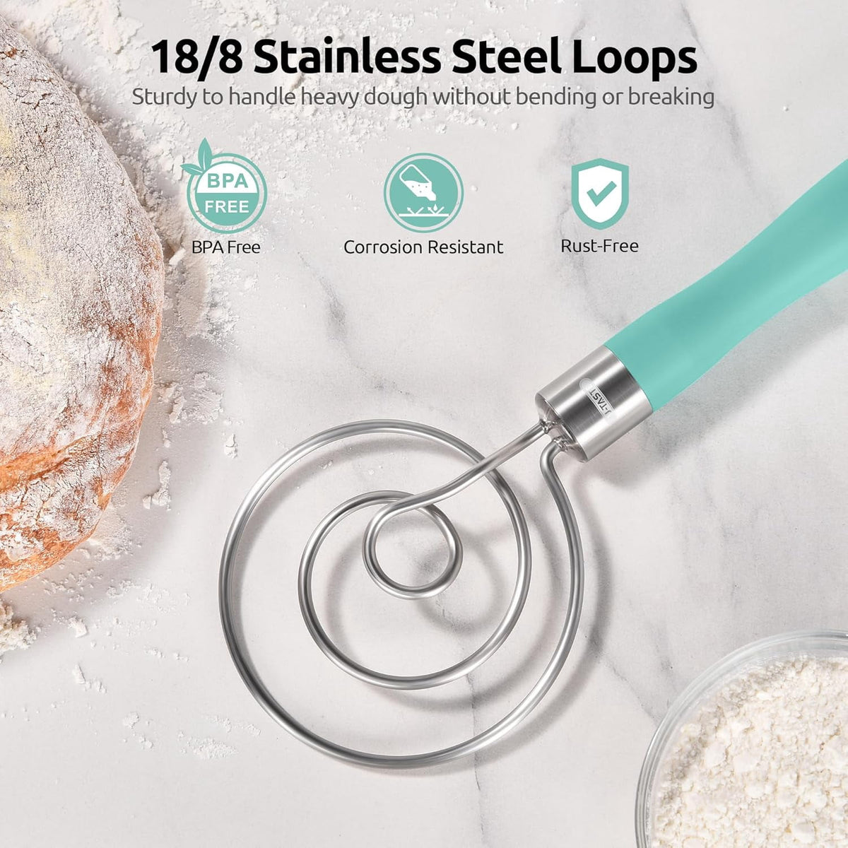 U-Taste Danish Dough Whisk, 18/8 Stainless Steel Sourdough Mixer Tool, Long Handle Dutch Bread Wisk for Mixing/Stirring/Kneading, 12.6in , Aqua Sky