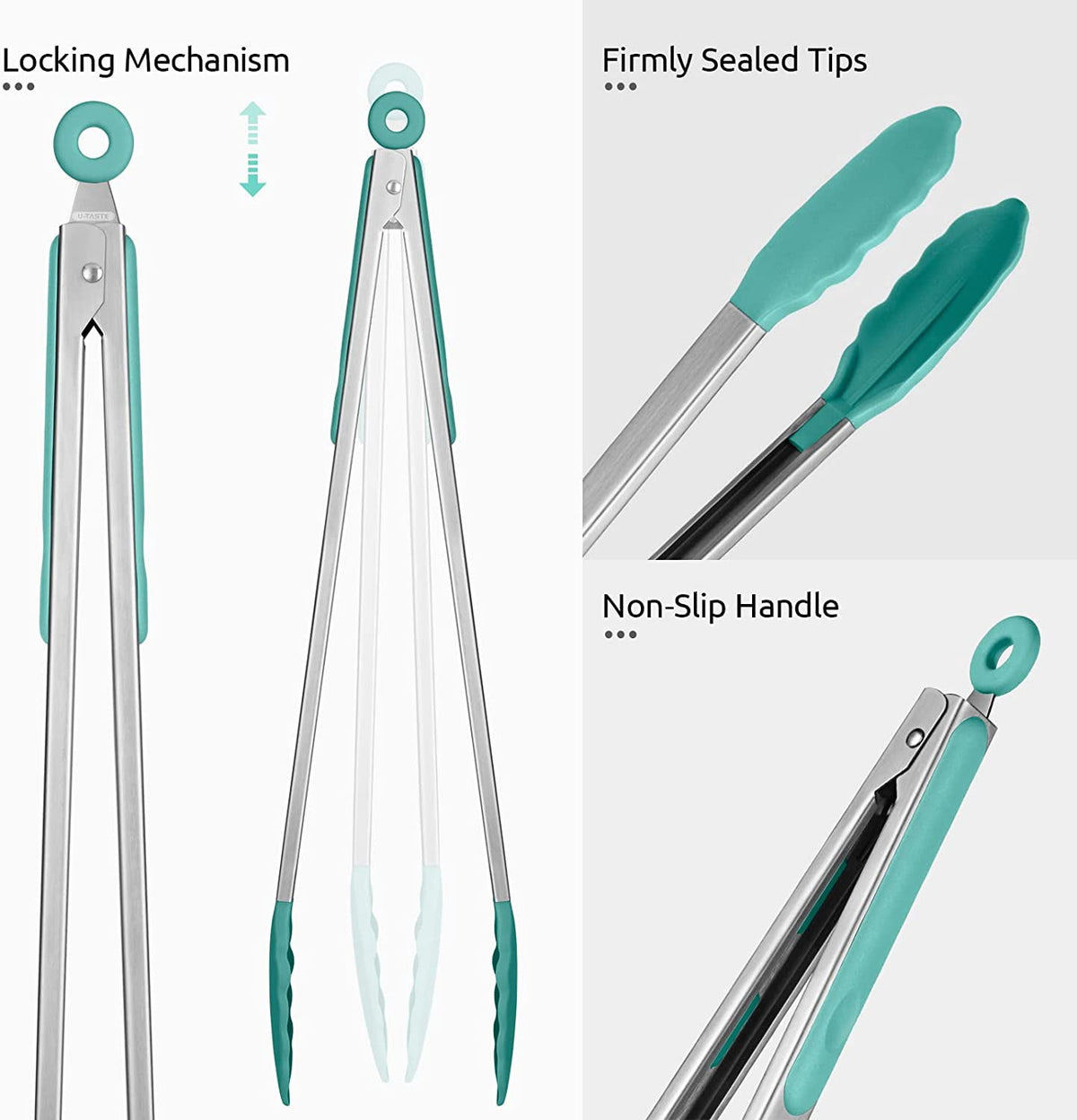 U-Taste Kitchen Tong for Cooking, 600ºF Heat-Resistant Silicone Tips, Extra Long Large Food Tong for Outdoor BBQ Grilling Grabbing, 16in, Aqua Sky
