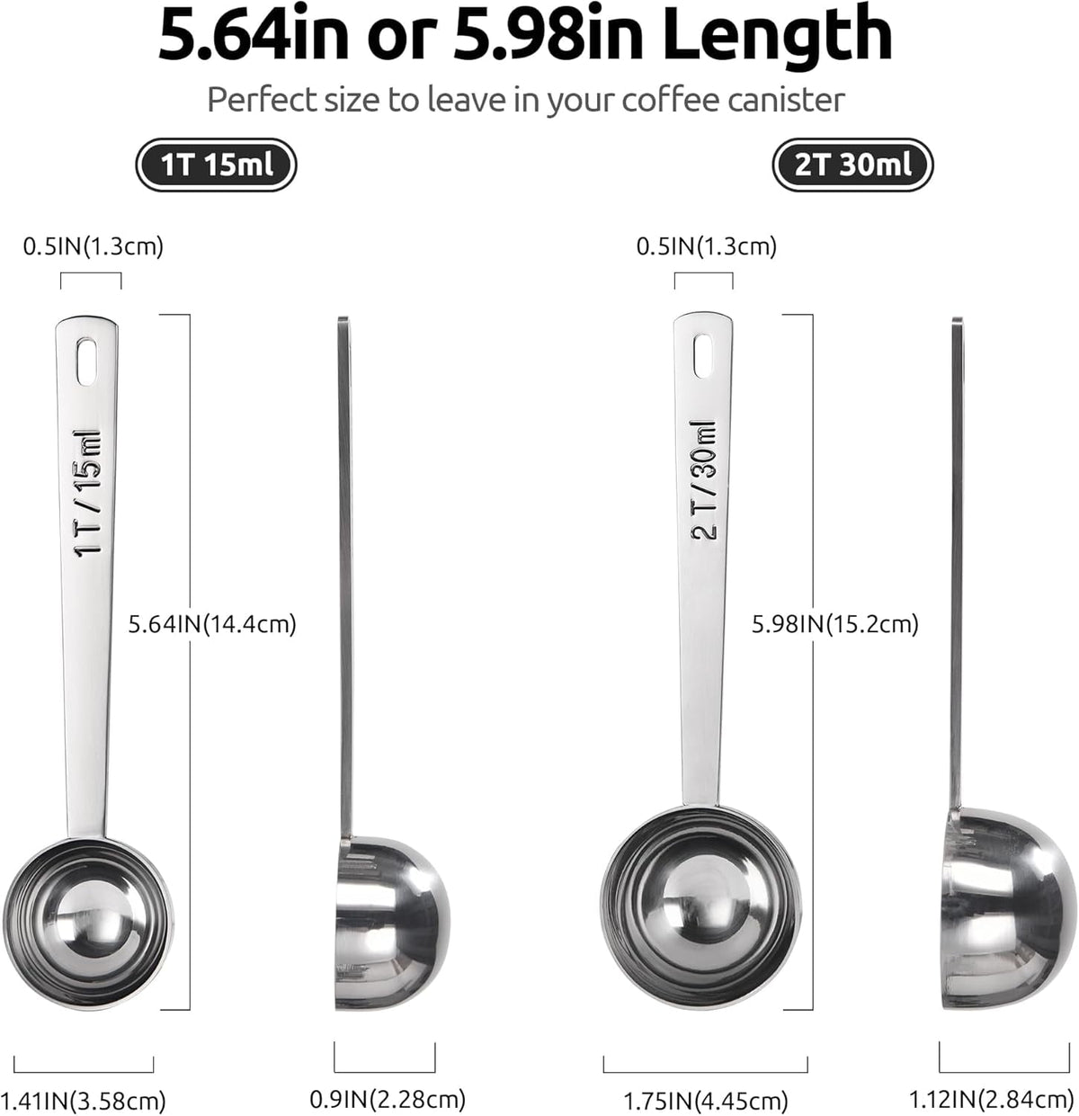 U-Taste Coffee Scoop 2 Tablespoon: 18/8 Stainless Steel Measuring Scooper for Ground Coffee, Bean, Powder, Espresso, 4.3in Long Handle Metal Measure Spoon for Canister, Jar (1Tbsp+2Tbsp / 15ml+30ml)