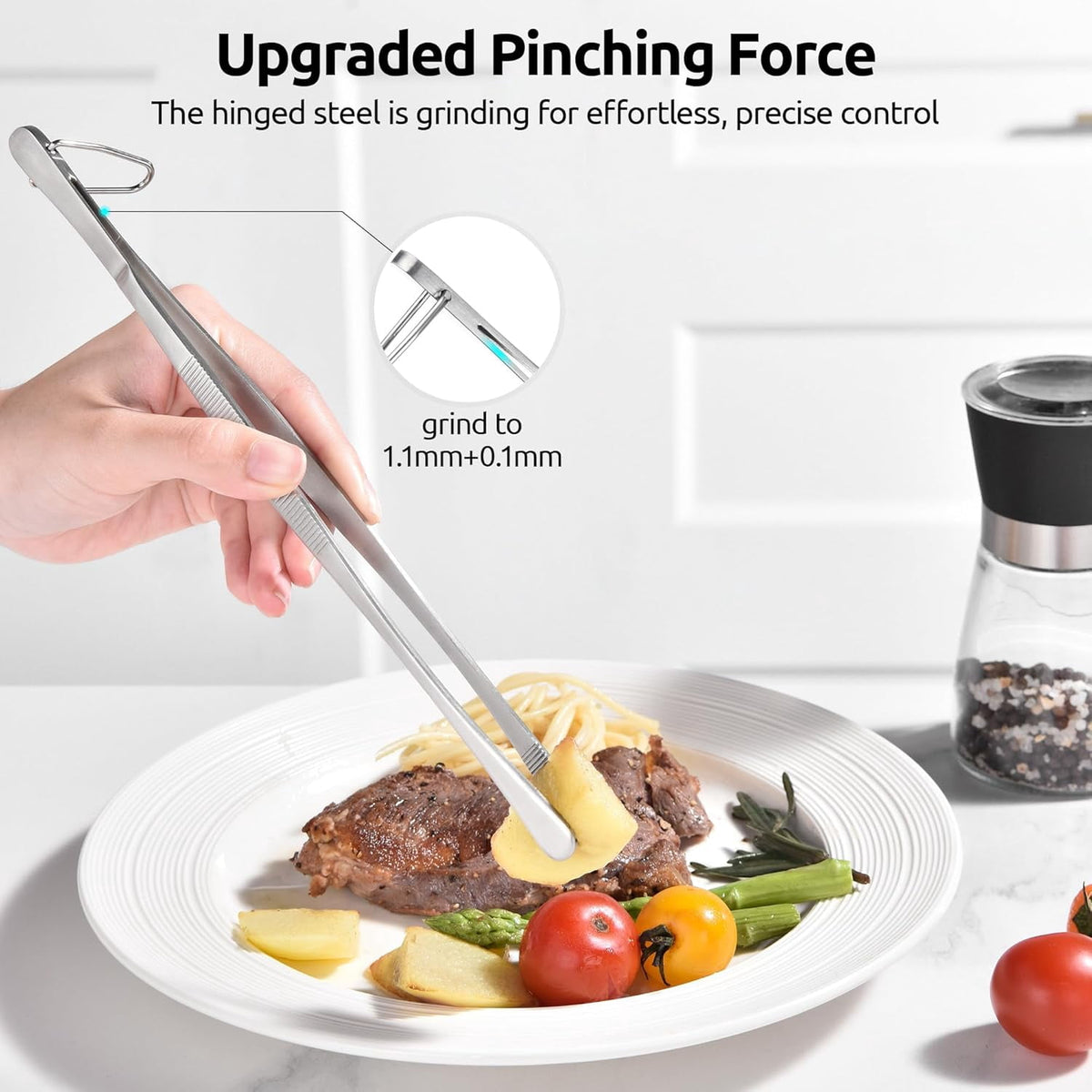 U-Taste Kitchen Cooking Tweezers, 18/8 Stainless Steel Food Grade Metal Food Tong Set, Non Slip Tips for Plating Serving Grill, 10in/Round+Pointed Tip
