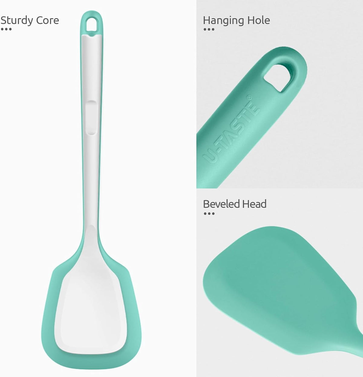 U-Taste 600°F Heat Resistant Silicone Turner Spatula Set of 2, Kitchen Cooking Utensils Set for Flipping Egg Pancake, 13.6" Long/3.7" Wide, Aqua Sky