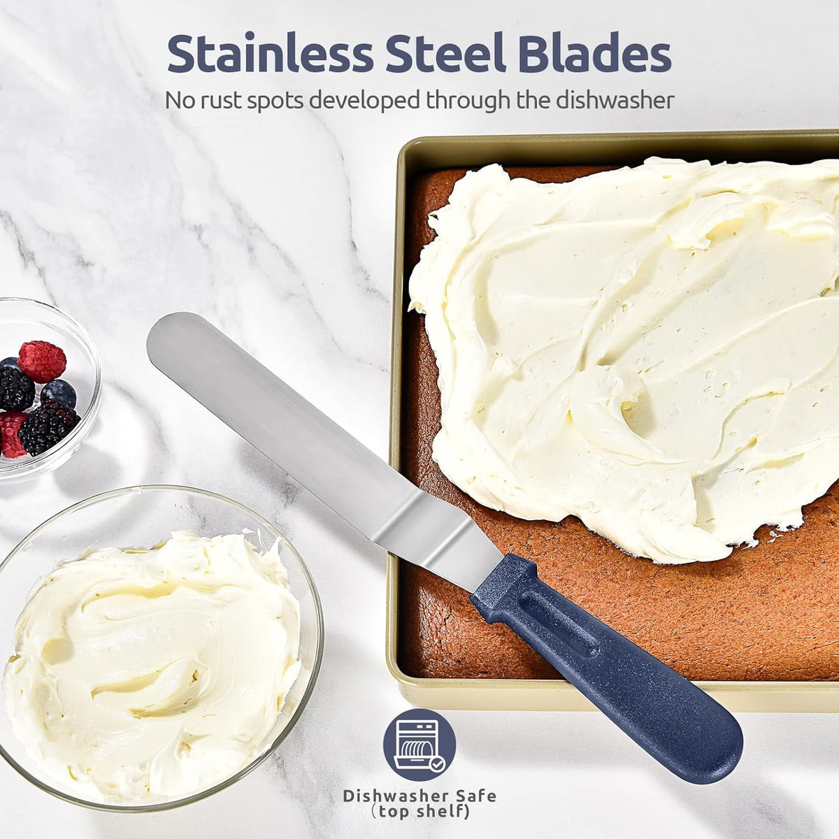 U-Taste Offset Icing Spatula Set of 3, Cake Frosting Spreader, 420 Stainless Steel Angled Spatula with 6/8/10in Blade for Decorating, Midnight Blue