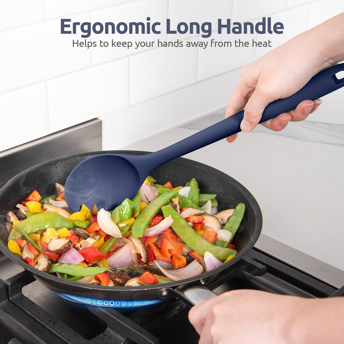 U-Taste 600°F Heat Resistant Silicone Cooking Spoon, 13.3" Long Large Mixing Spoon, Rubber Kitchen Utensil for Stirring/Basting/Serving, Midnight Blue