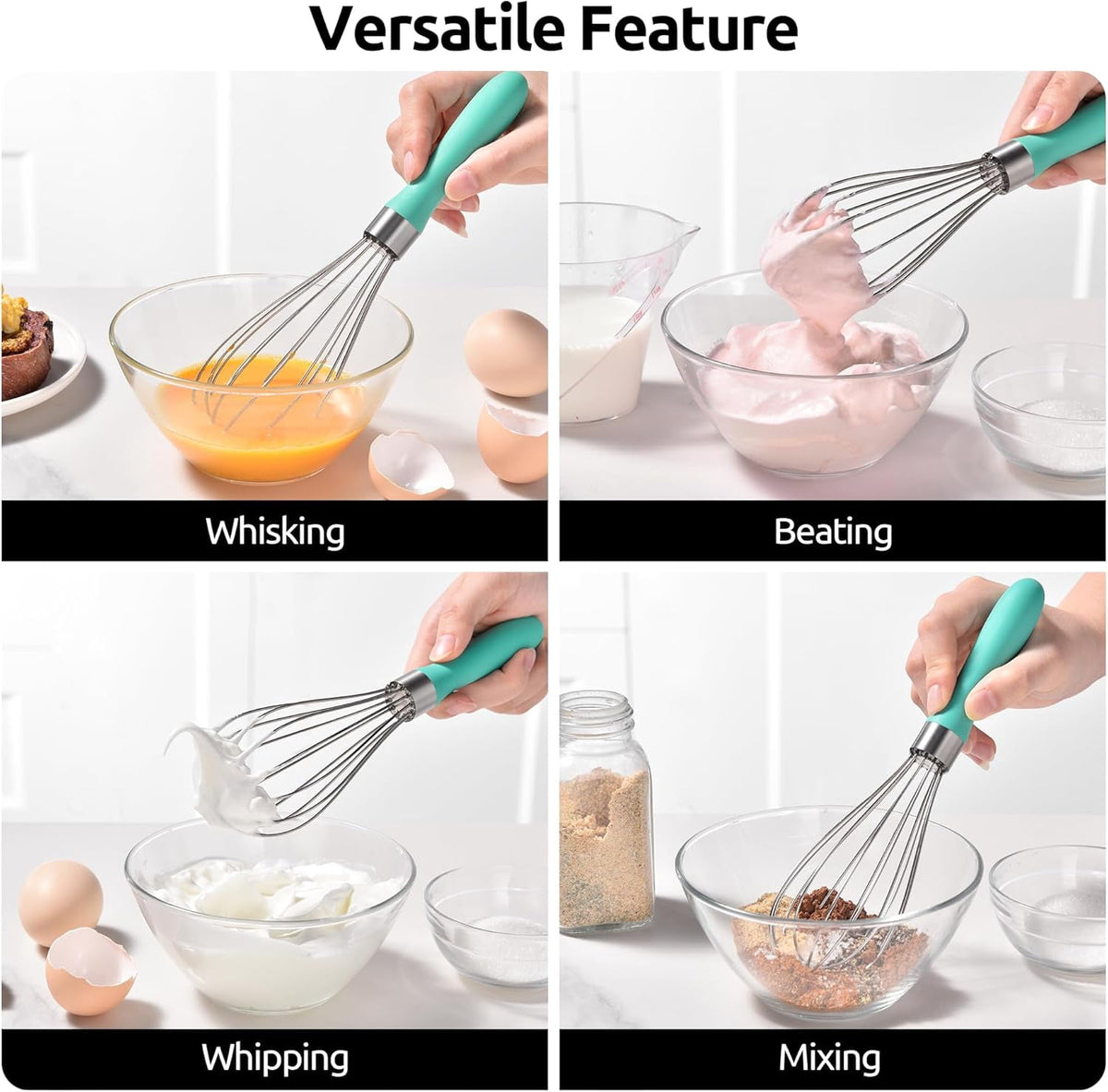U-Taste Kitchen Wire Whisk for Cooking, 18/10 Stainless Steel Egg Beater with 6 Wires, Baking Tool for Whisking Mixing Stirring, Small, Aqua Sky