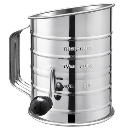 U-Taste Stainless Steel 3 Cup Flour Sifter with 4 Wire Agitators for Quick Sifting, 1 Cushion Ring, Crank Plastic Handle, Stamped Measurement, 20 Fine Mesh for Baking Flour, Powered Sugar