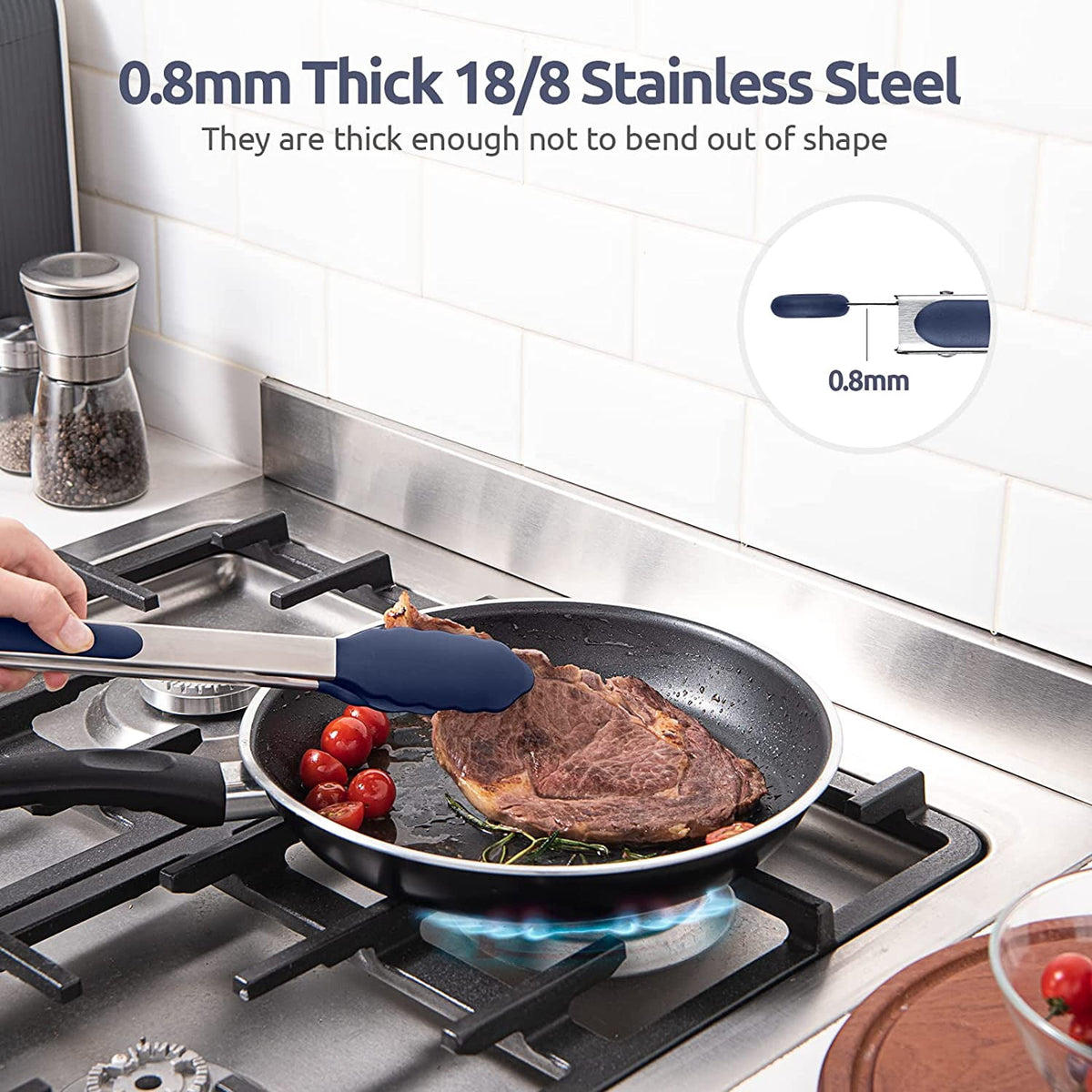 U-Taste 600ºF Heat-Resistant Kitchen Tongs for Cooking, Silicone Tong Utensils Set for Food Serving, Rubber Salad/Grill/BBQ Tongs, 7/9/12in, Navy Blue