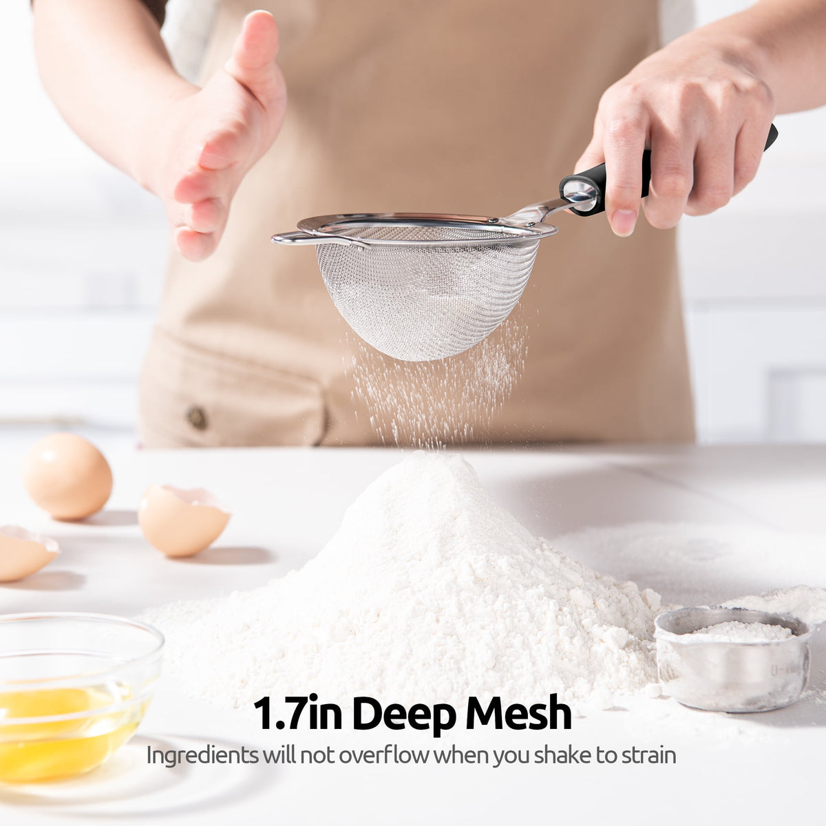 U-Taste 18/8 Stainless Steel Mesh Strainer, 30 Mesh Fine Sieve Food Strainer, Kitchen Colander for Straining Quinoa/Flour/Pasta/Fruit, 3.9in, Black