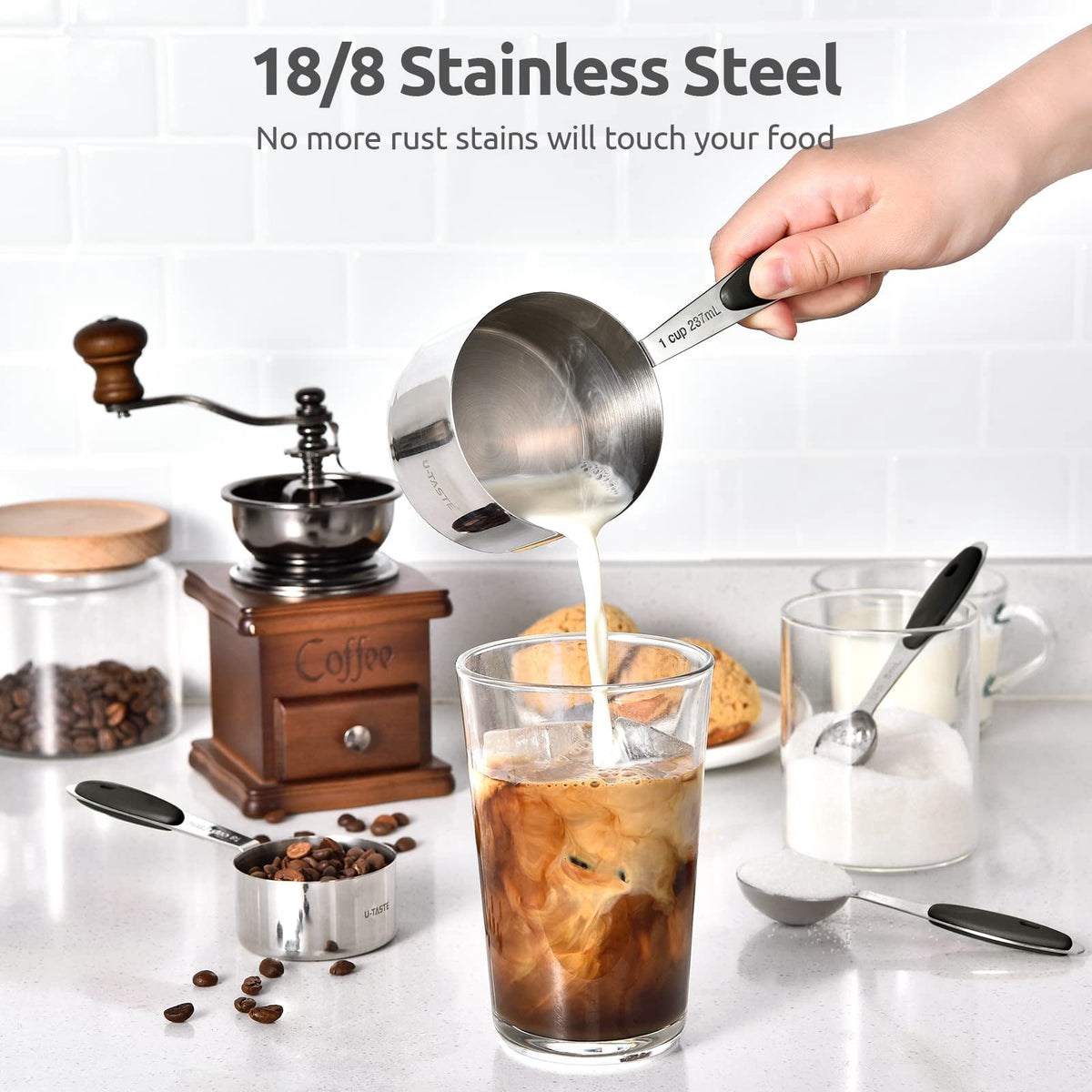 U-Taste 18/8 Stainless Steel Measuring Cups and Spoons Set, Metal Stacking Measure Set for Baking Cooking, Reinforced Welded Joints, 12Pcs, Black