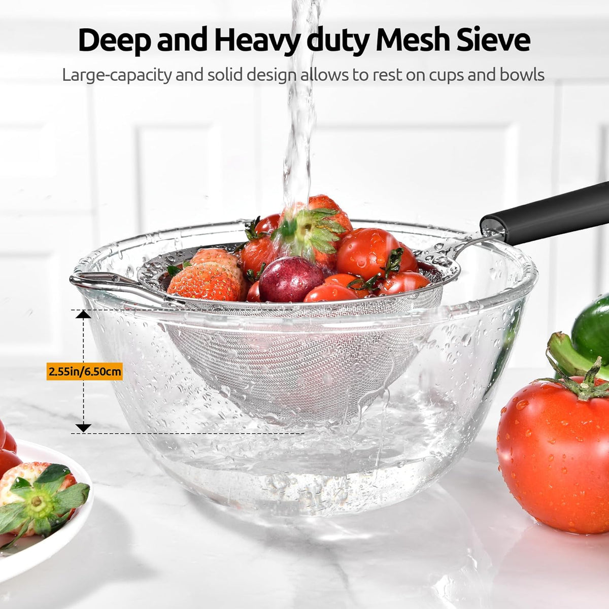 U-Taste Fine Mesh Strainer, 18/8 Stainless Steel Sieve Food Strainer, Kitchen Metal Colander for Rinsing Rice/Quinoa/Flour/Berry Seed, 4.73in, Black