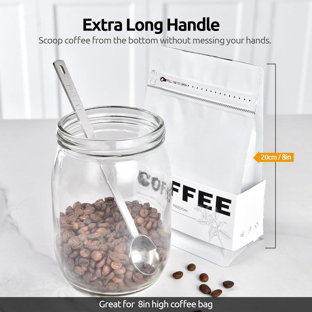 U-Taste Coffee Scoop 1 Tablespoon: 18/8 Stainless Steel Measuring Scooper for Ground Coffee Bean Espresso, 6.9in Extra Long Handle Metal Meaure Spoon