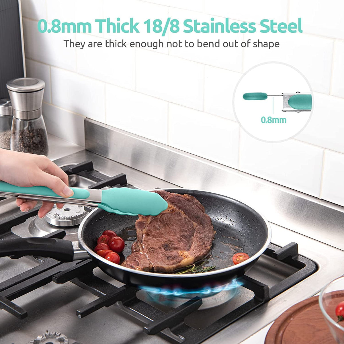 U-Taste Kitchen Tong for Cooking, 480ºF Heat-Resistant Silicone Tips, Rubber Food Tong for Serving Salad/Grill/BBQ/Steak/Pasta, 9in, Aqua Sky
