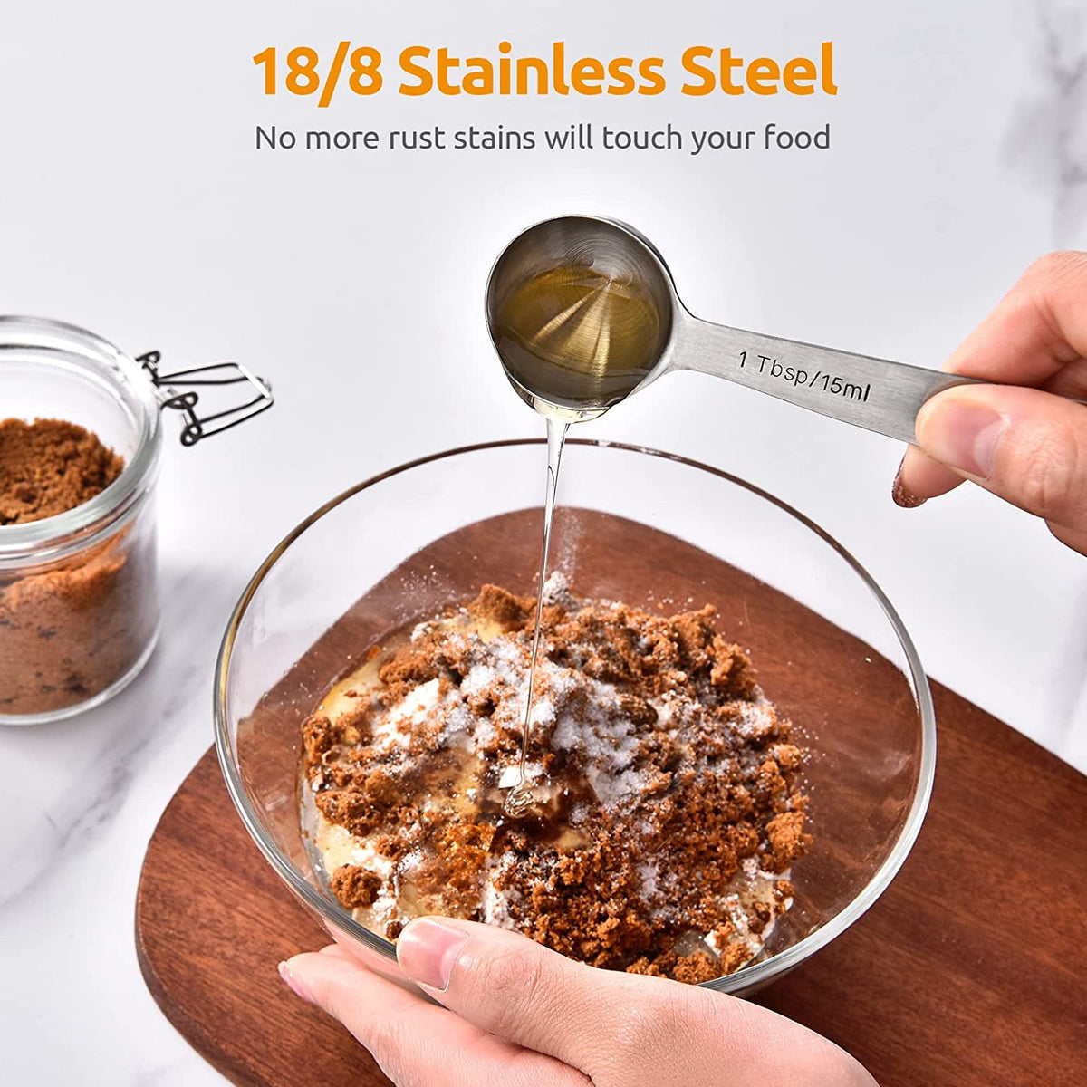 U-Taste 18/8 Stainless Steel Measuring Spoons Set of 8: 1/8 Tsp, 1/4 Tsp, 1/2 Tsp, 3/4 Tsp, 1 Tsp, 1/2 Tbsp, 1 Tbsp for Dry and Liquid Ingredient
