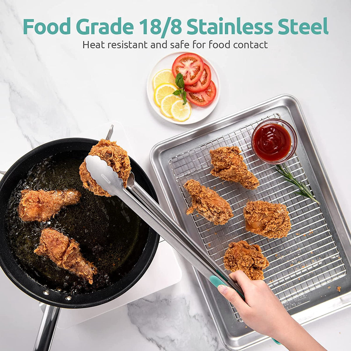 U-Taste 18/8 Stainless Steel Kitchen Tong for Cooking, Extra Long Large Food Tong for Outdoor BBQ Grilling, Non Slip Silicone Handle, 16in, Aqua Sky