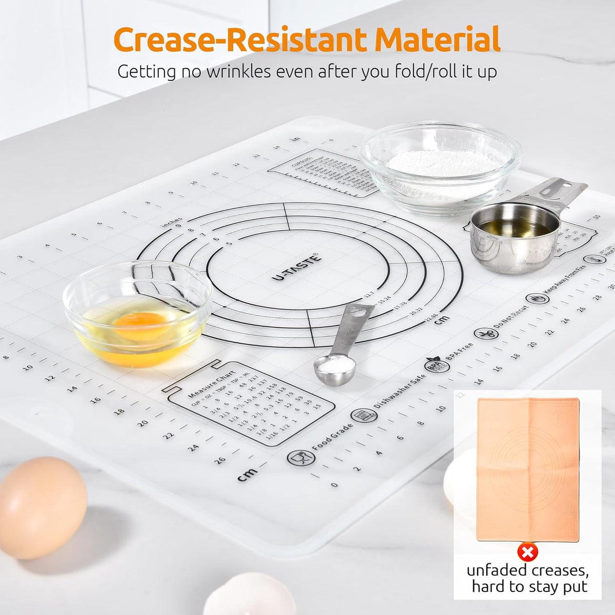 U-Taste 20"x16" Silicone Pastry Mat, Food Grade Dough Rolling Baking Sheet, Non Slip for Kneading Pizza Cookie Pie Crust, Clear Measurement, Clear