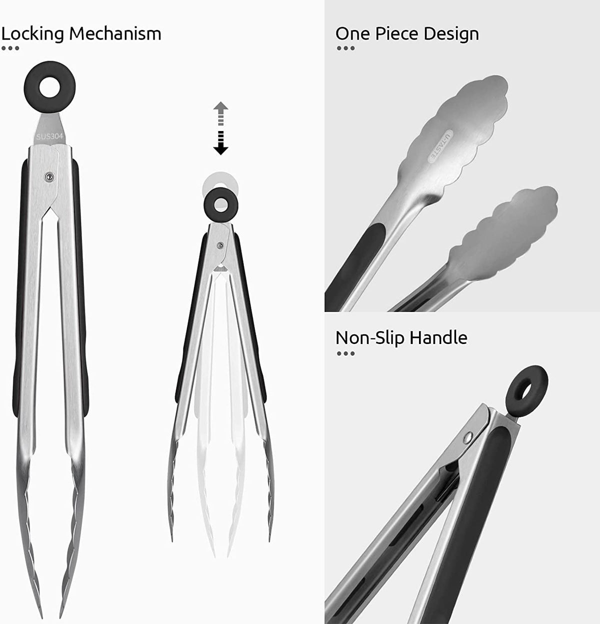 U-Taste 18/8 Stainless Steel Kitchen Tong for Cooking, Metal Tong Utensils Set for Food Serving, Rubber Salad/Grill/BBQ Tongs, 7/9/12in, Black