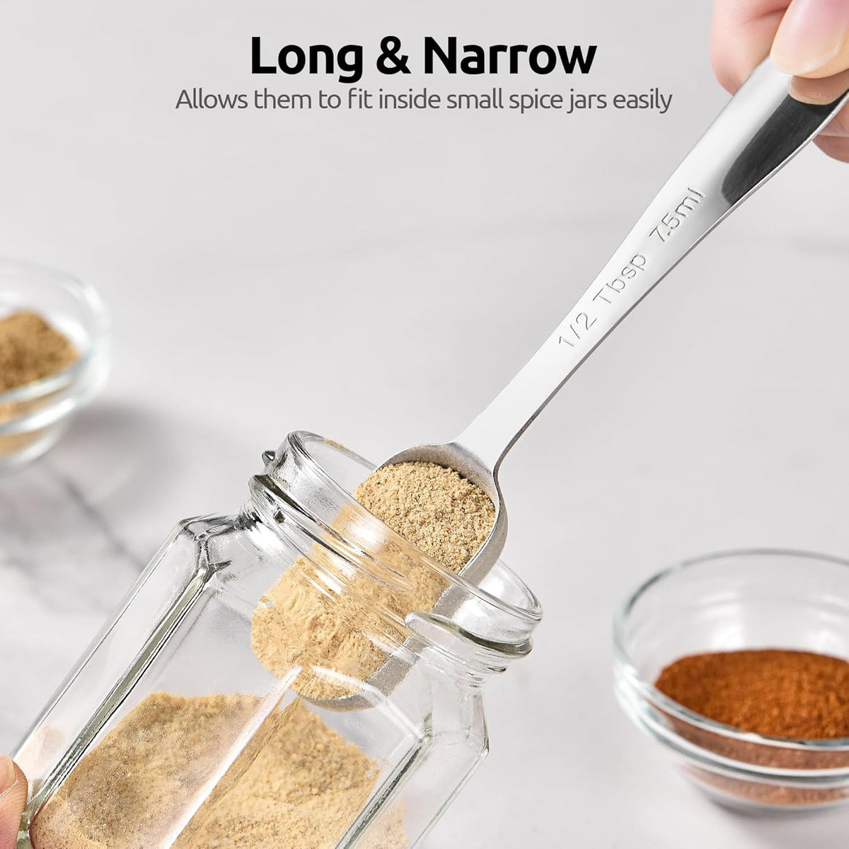 U-Taste Narrow Square Measuring Spoons Set of 8, 18/8 Stainless Steel Measure Teaspoon Tablespoon with Leveler, Rectangular Jar Scoop for Spice Jars