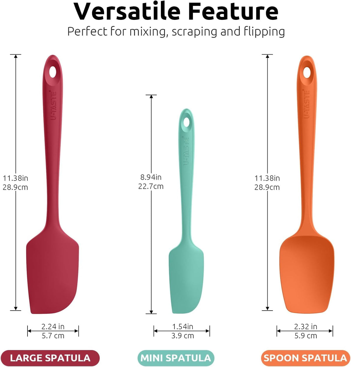 U-Taste Silicone Spatula Set of 3, 600°F High Heat Resistant Kitchen Cooking Utensils Baking Supplies, Food Grade Seamless Rubber Scraper, Colorful