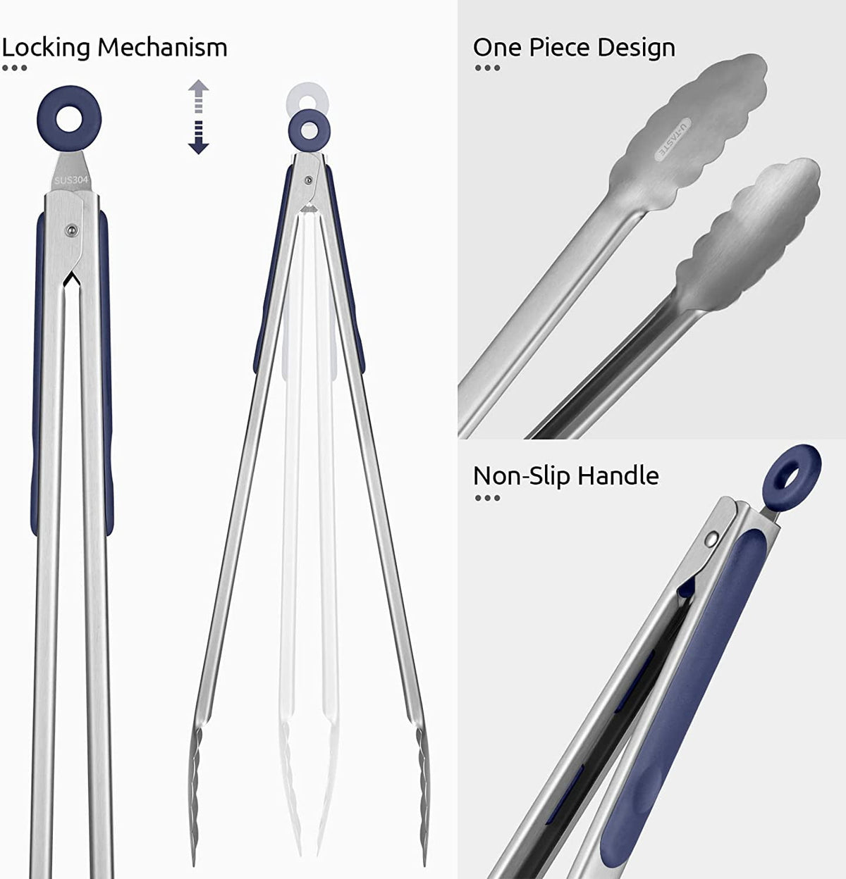 U-Taste 18/8 Stainless Steel Kitchen Tong for Cooking, Extra Long Large Food Tong for Outdoor BBQ Grilling, Non Slip Silicone Handle, 16in, Blue