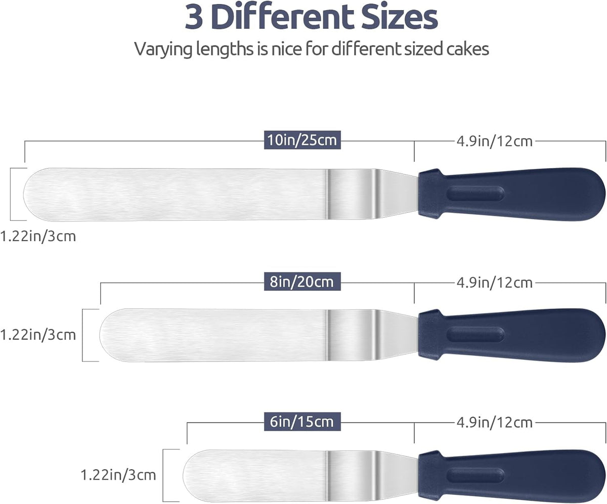U-Taste Offset Icing Spatula Set of 3, Cake Frosting Spreader, 420 Stainless Steel Angled Spatula with 6/8/10in Blade for Decorating, Midnight Blue