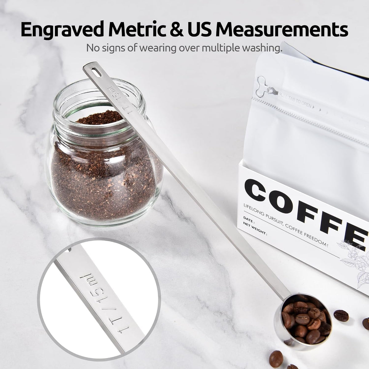 U-Taste Coffee Scoop 2 Tablespoon: 18/8 Stainless Steel Measuring Scooper for Ground Coffee Bean Espresso, 8.5in Extra Long Handle Metal Meaure Spoon