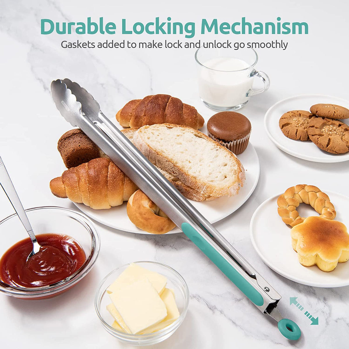 U-Taste 18/8 Stainless Steel Kitchen Tong for Cooking, Extra Long Large Food Tong for Outdoor BBQ Grilling, Non Slip Silicone Handle, 16in, Aqua Sky