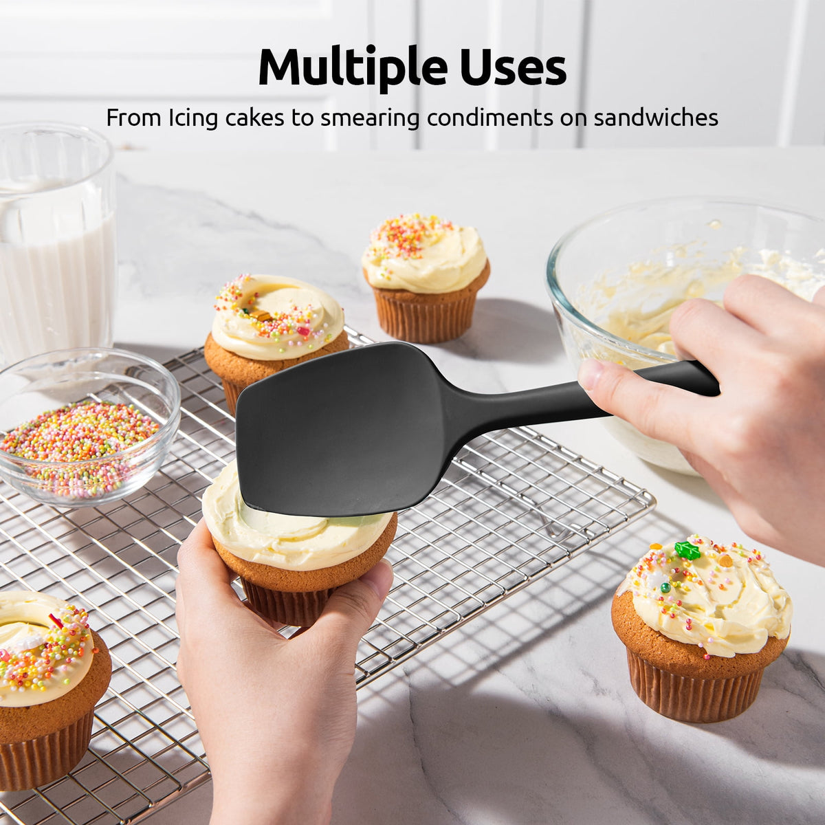 U-Taste Silicone Spoon Spatula Set of 3, 480°F Heat Resistant Food Grade Cooking Mixing Spoons, Kitchen Utensils Set for Nonstick Cookware, Black