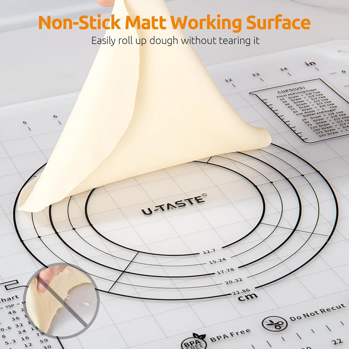 U-Taste 20"x16" Silicone Pastry Mat, Food Grade Dough Rolling Baking Sheet, Non Slip for Kneading Pizza Cookie Pie Crust, Clear Measurement, Clear