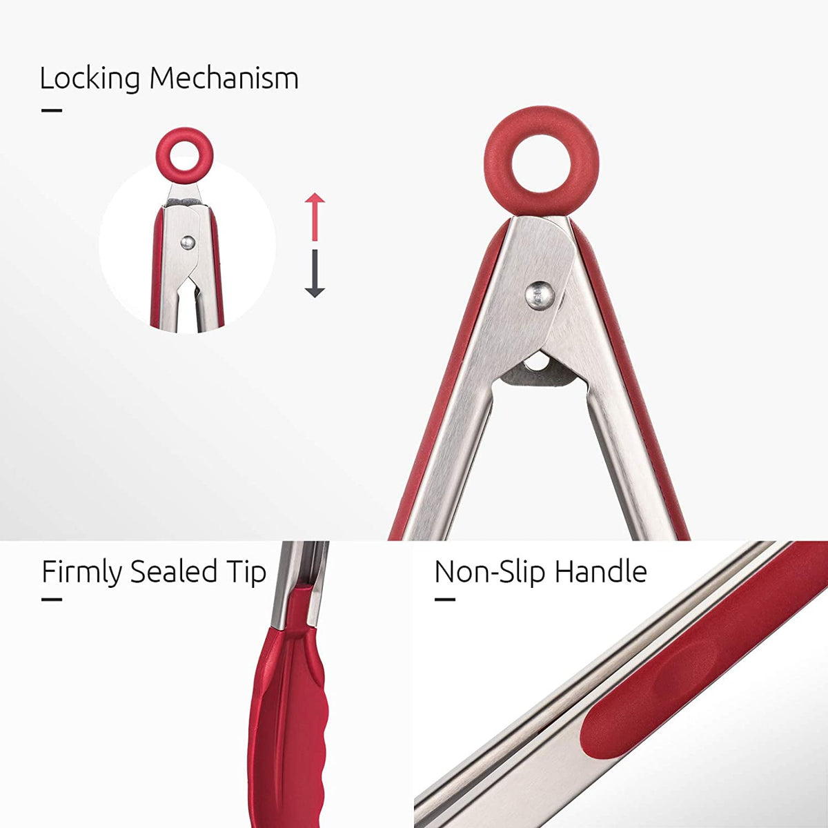 U-Taste 600ºF Heat-Resistant Kitchen Tongs for Cooking, Silicone Tong Utensils Set for Food Serving, Rubber Salad/Grill/BBQ Tongs, 7/9/12in, Red