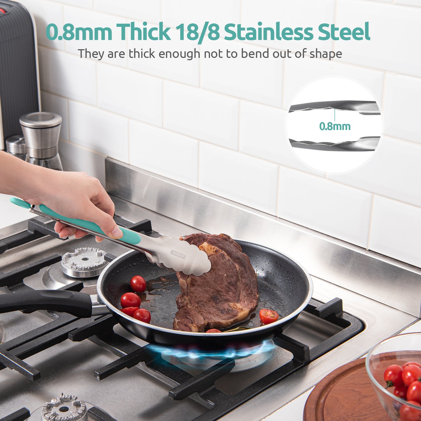 18/8 Stainless Steel Kitchen Tong with Sturdy Metal Tips & Non Slip Silicone Handle & Smooth Locking