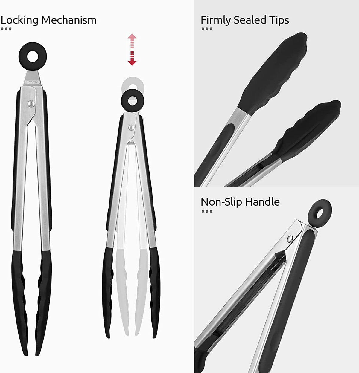 U-Taste Kitchen Tong for Cooking, 480ºF Heat-Resistant Silicone Tips, Rubber Food Tong for Serving Salad/Grill/BBQ/Steak/Pasta, 9in, Black