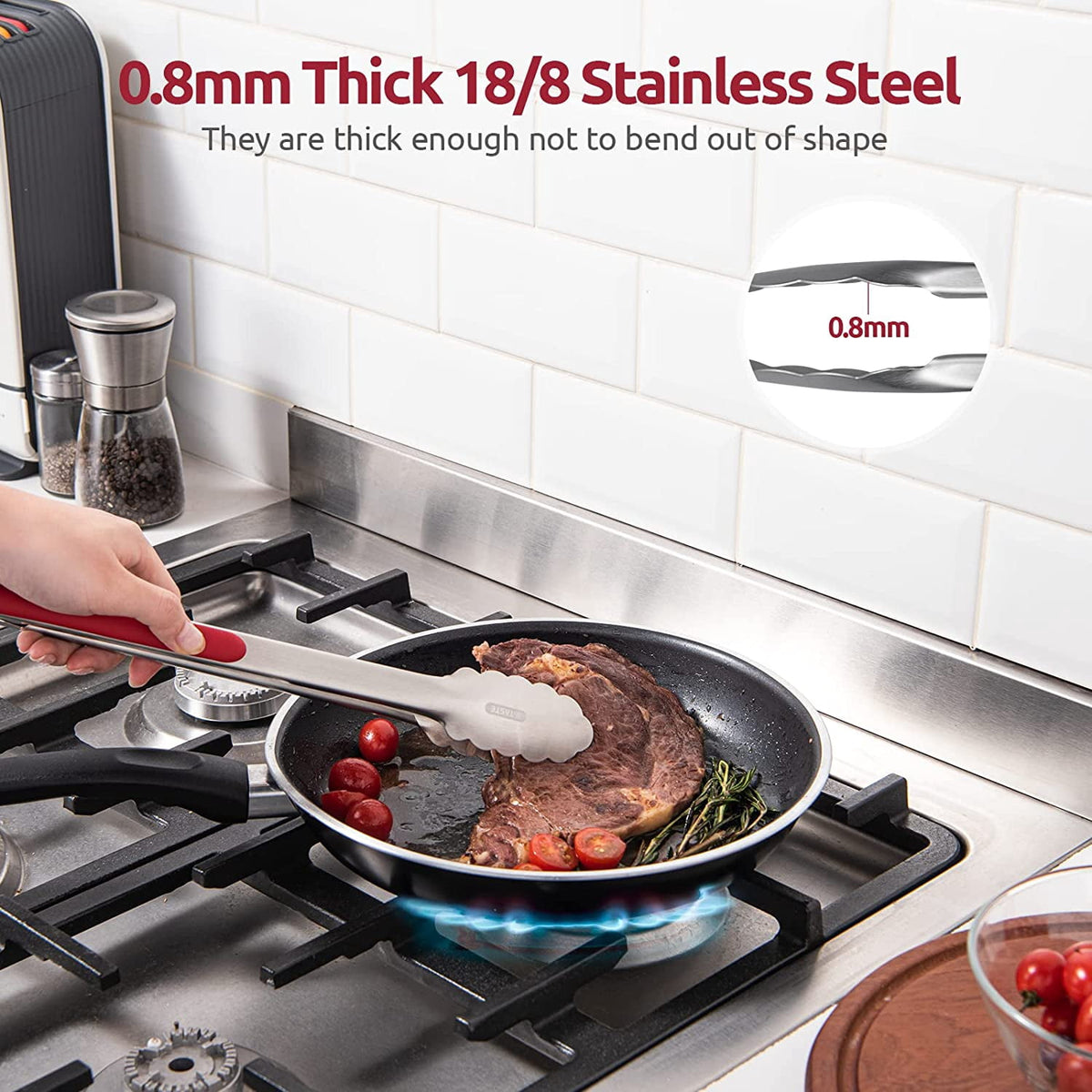 U-Taste 18/8 Stainless Steel Kitchen Tong for Cooking, Metal Tong Utensils Set for Food Serving, Rubber Salad/Grill/BBQ Tongs, 7/9/12in, Red
