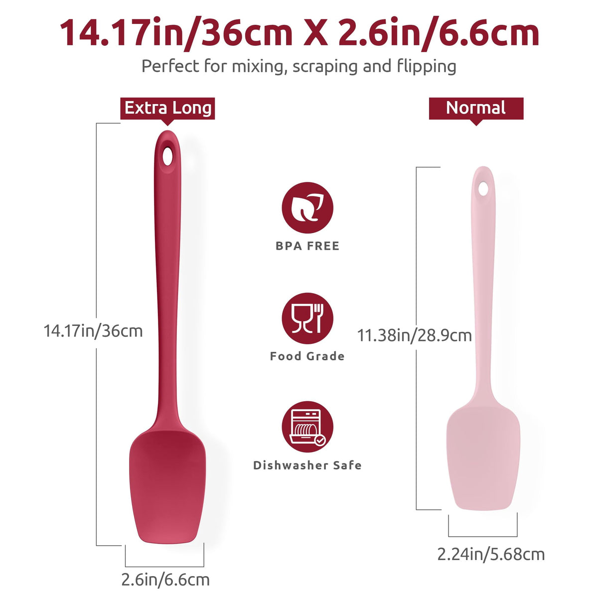 U-Taste 14in Extra Long Spoon Spatula: 600ºF Heat Resistant Silicone Spoonula Cooking Utensils for Kitchen Use, Non-Stick Scoop Scraper, Red