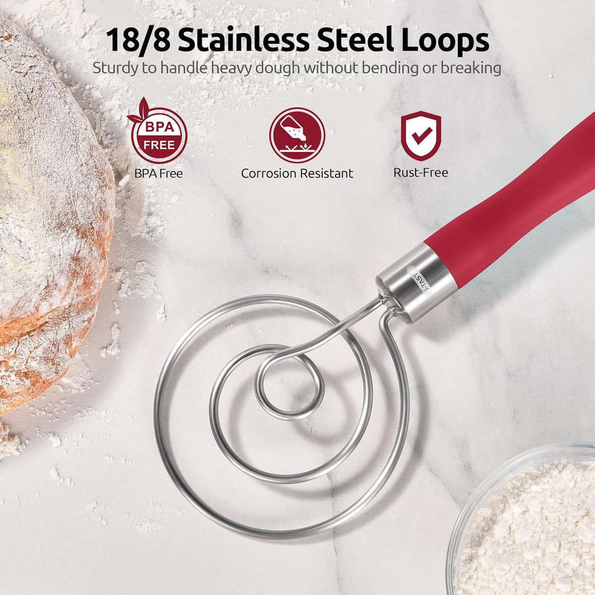 U-Taste Danish Dough Whisk, 18/8 Stainless Steel Sourdough Mixer Tool, Long Handle Dutch Bread Wisk for Mixing/Stirring/Kneading Batter, 12.6in , Red