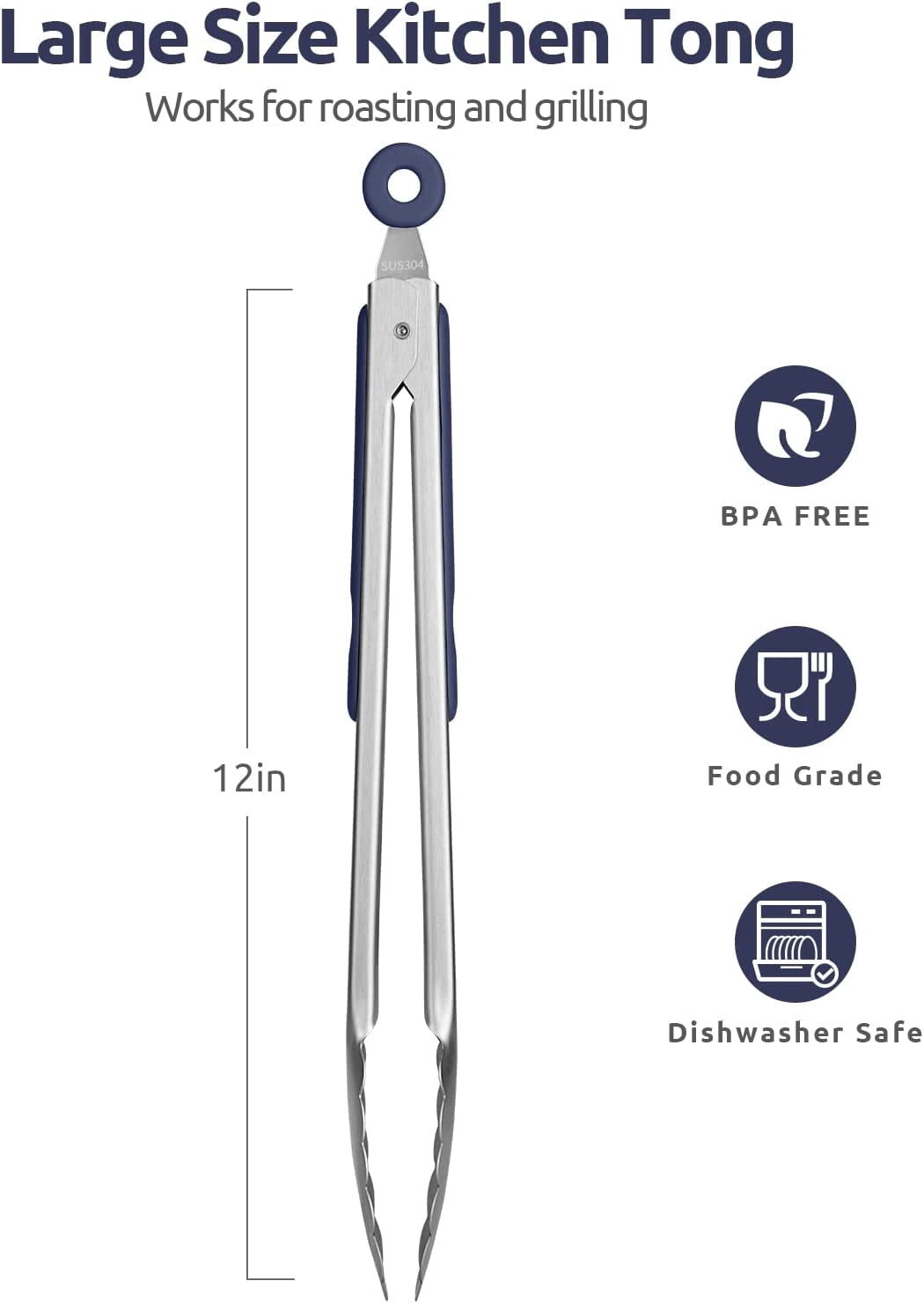 U-Taste 18/8 Stainless Steel Kitchen Tong for Cooking, Long Large Metal Tong for Serving Food Grilling BBQ, Non Slip Silicone Handle, 12in, Navy Blue